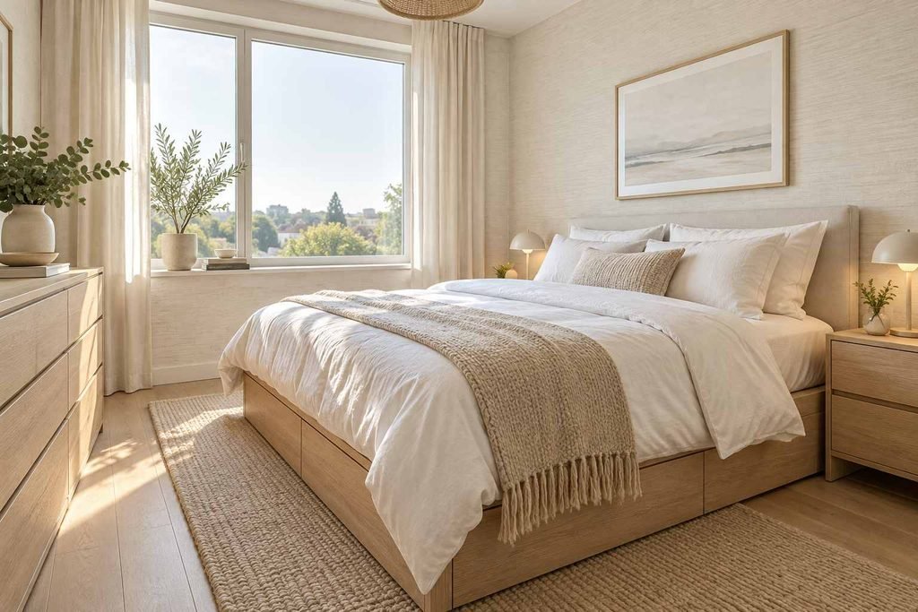 Pale texture helps a compact bedroom feel bright and uncluttered.