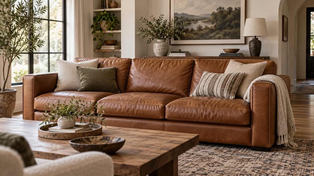 White cloth gently blotting a fresh drink spill from brown leather upholstery.