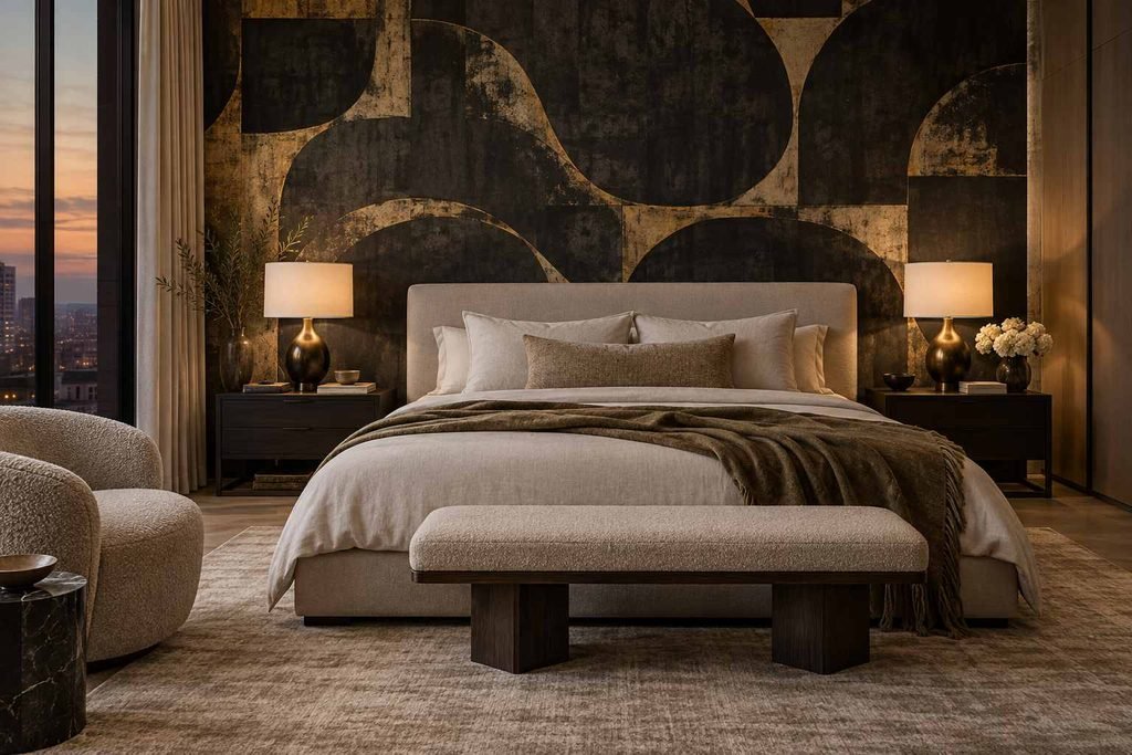 A darker statement wall can feel warm and balanced with soft bedding and lamplight.