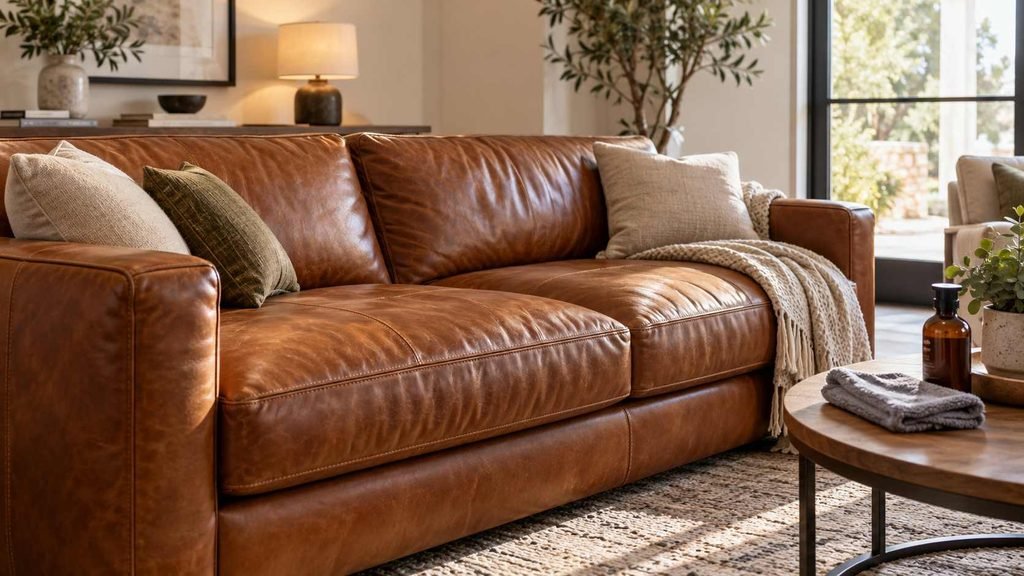 Cognac leather couch with a clean microfiber cloth and leather care supplies.
