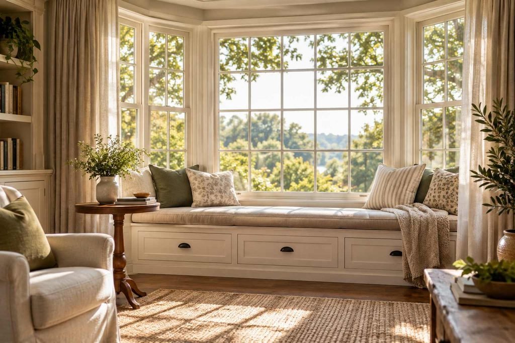 Cozy bay window reading nook with a cushioned built-in seat and storage.