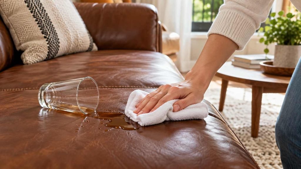 Soft upholstery vacuum attachment removing crumbs from leather couch seams.
