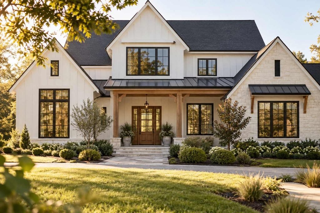 White farmhouse exterior with black grid windows and simple landscaping.
