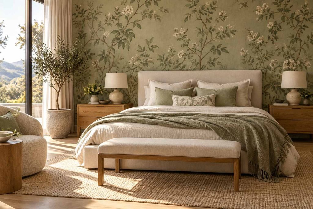 Soft botanical leaves bring color and a restful feel to the bed wall.