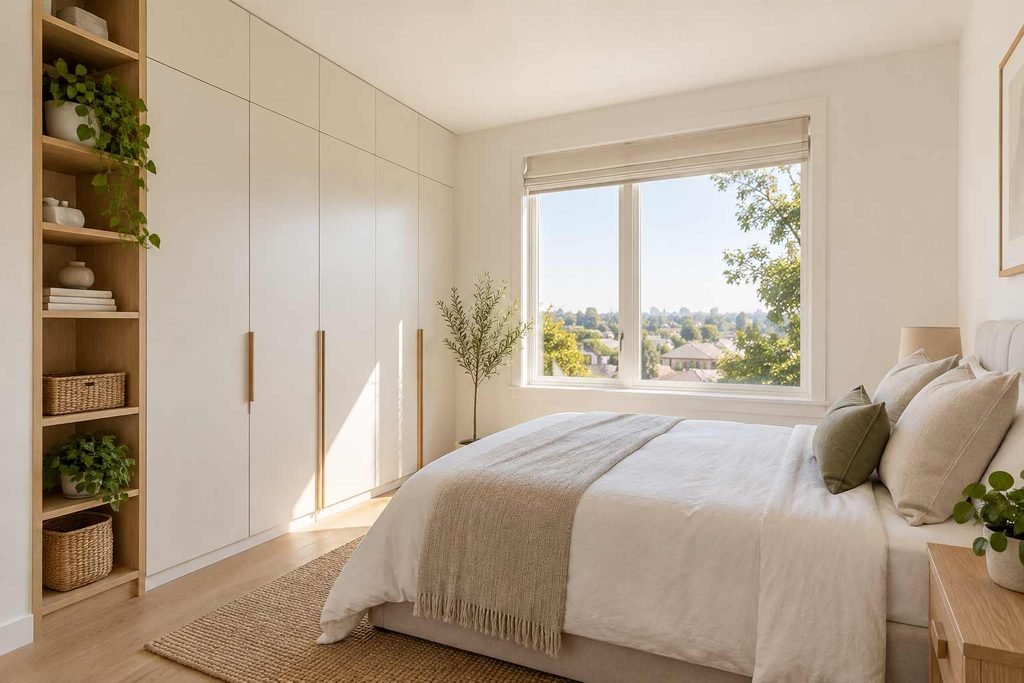 Use a headboard with shelves or cubbies