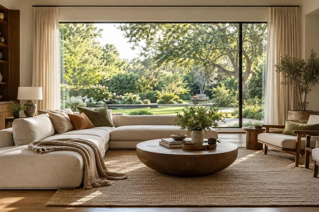 Bright living room with a large slim-framed picture window overlooking a green garden.