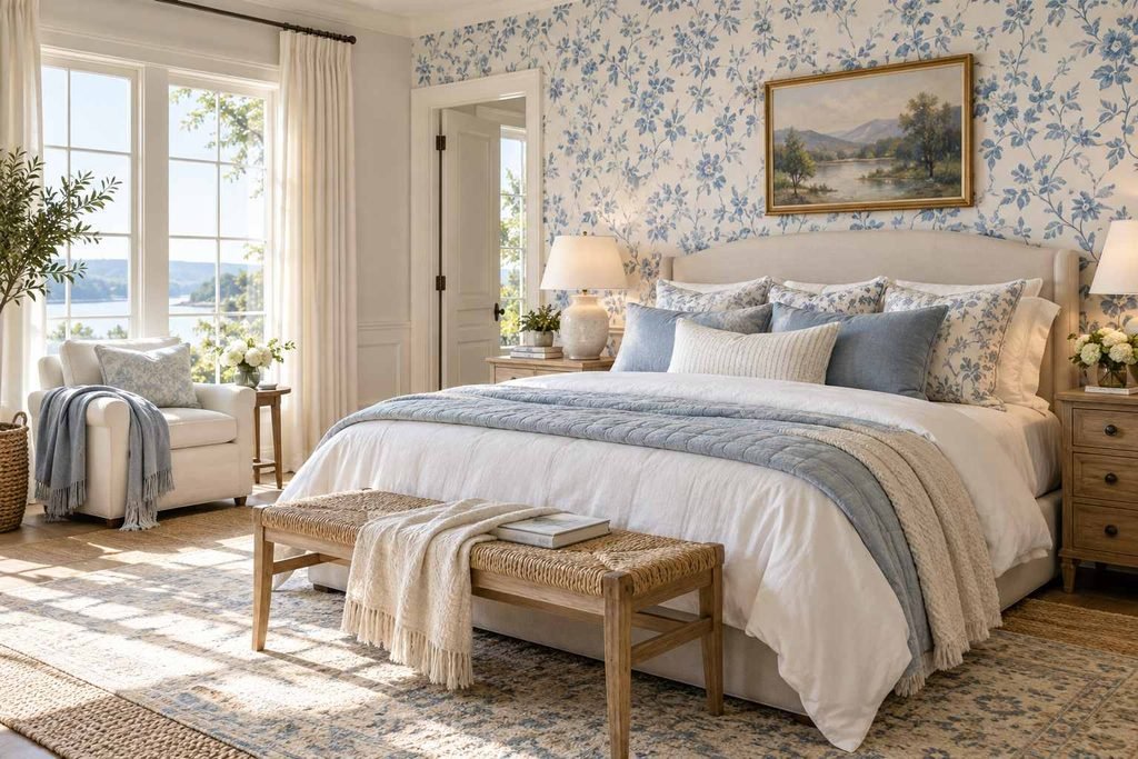 Blue florals pair naturally with layered white and blue bedding.
