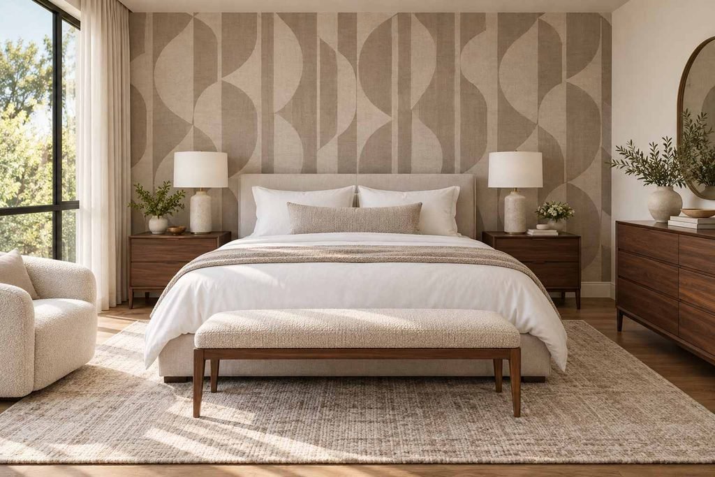 A low-contrast geometric design adds structure while keeping the room calm.