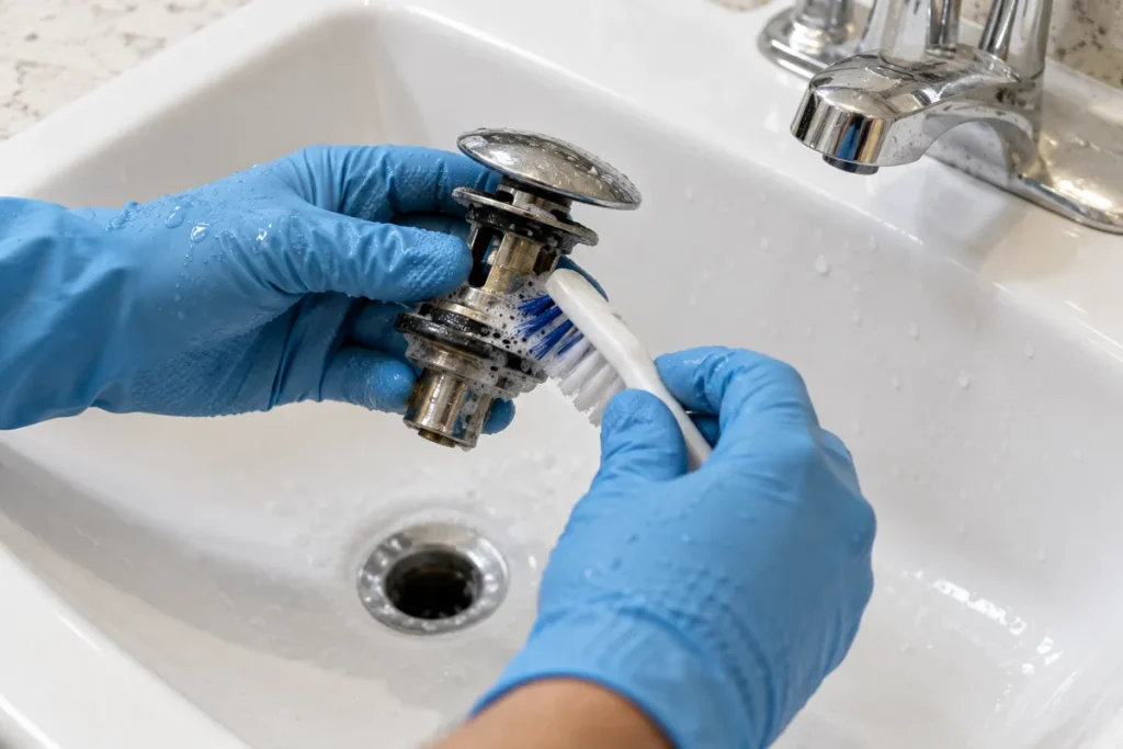 Gloved hands brushing residue from a removed bathroom sink stopper
