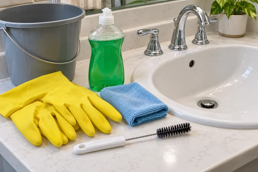Gloves, dish soap, drain brush, cloth, and bucket beside a bathroom sink