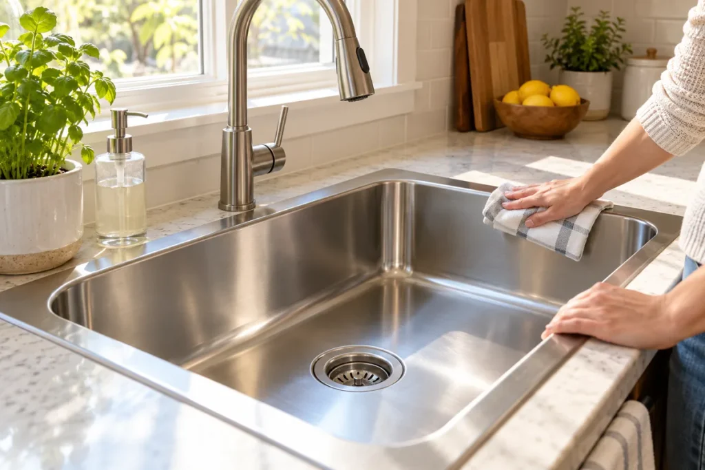 Clean stainless steel sink and drain in a sunlit kitchen