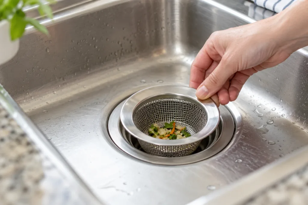 Removable mesh strainer catching debris at a kitchen sink drain